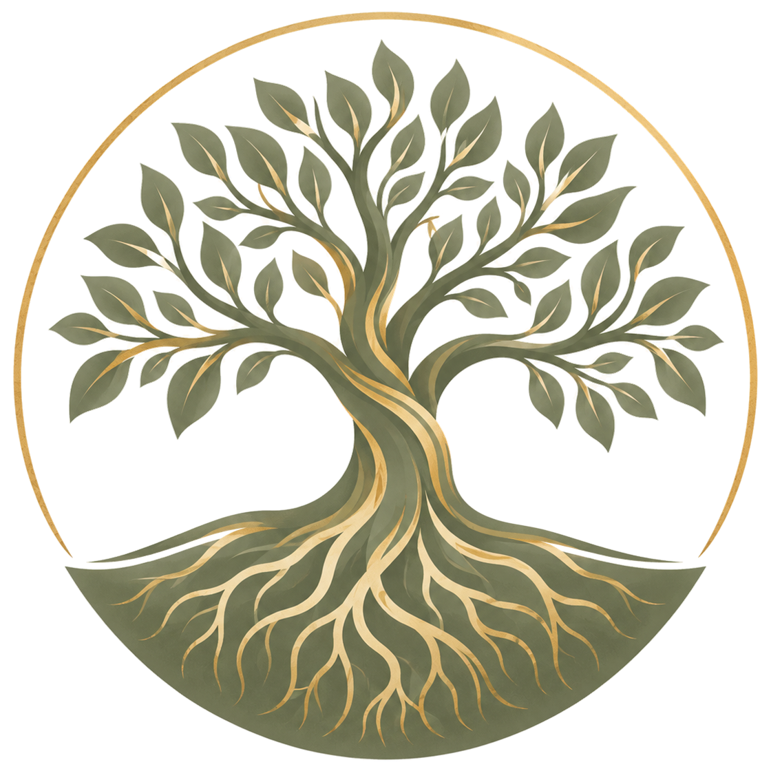 The Livewell tree: gold roots below the ground, a twisting trunk, branching limbs and a canopy of sage leaves, inside a gold circle.